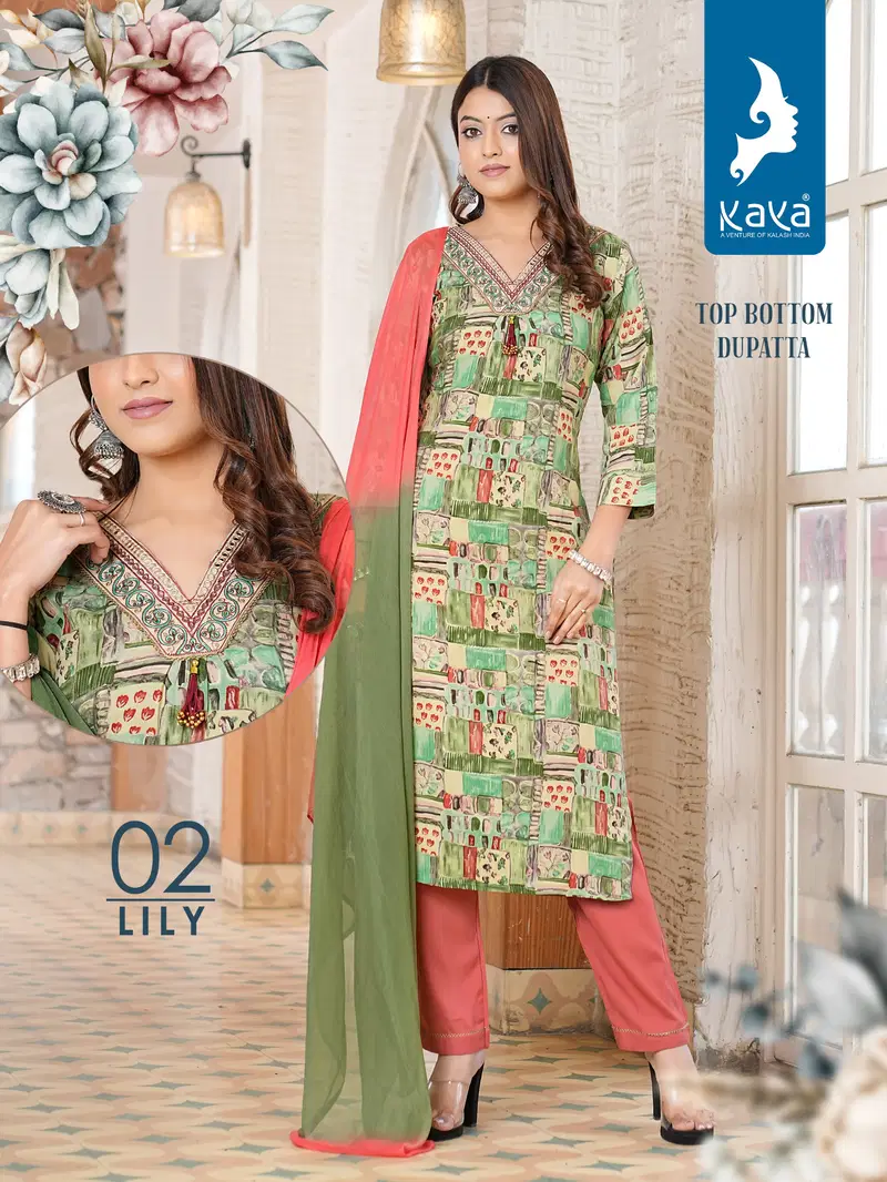Lily By Kaya Rayon Printed Kurti With Bottom Dupatta Wholesale Market In Surat
